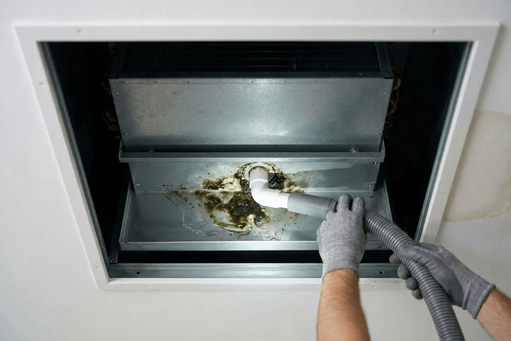 A plumber's gloved hands pushing a wet-vacuum hose onto the drain outlet of a concealed fan coil AC unit, seen through an open ceiling access panel in a Dubai apartment, with the unit's drain tray holding standing water and dark slime from a blocked condensate line and water stains spreading across the ceiling around the panel