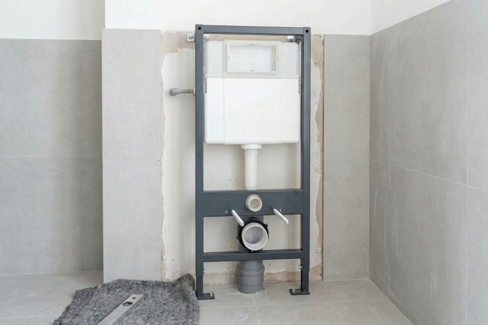 A concealed cistern frame installed for a wall-hung toilet during a Dubai bathroom renovation: the steel carrier frame is bolted to the floor and bracketed to the wall, with the white in-wall cistern, its flush pipe and flush outlet, the toilet waste connector and the two mounting studs in place before the wall is boarded and tiled