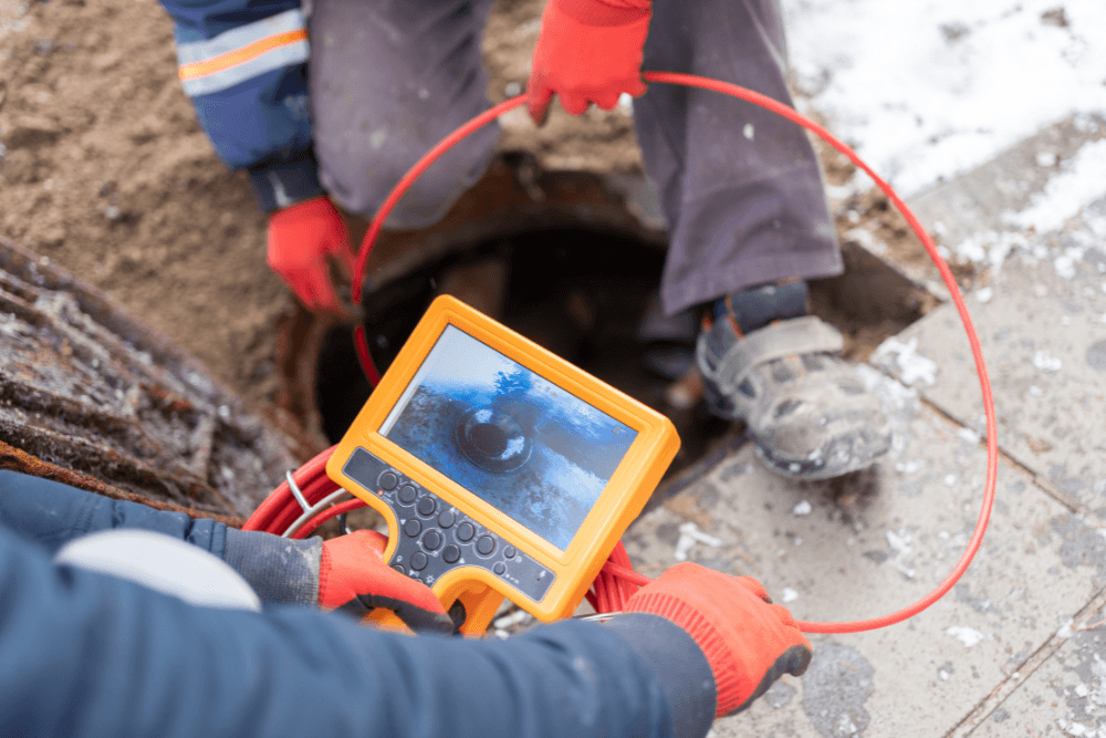A plumber's gloved hands holding a handheld drain inspection camera monitor whose screen shows the inside of a sewer pipe, while a second technician feeds the red push-rod camera cable down into an open manhole, a CCTV drain survey that finds cracks, blockages and root intrusion before any digging starts