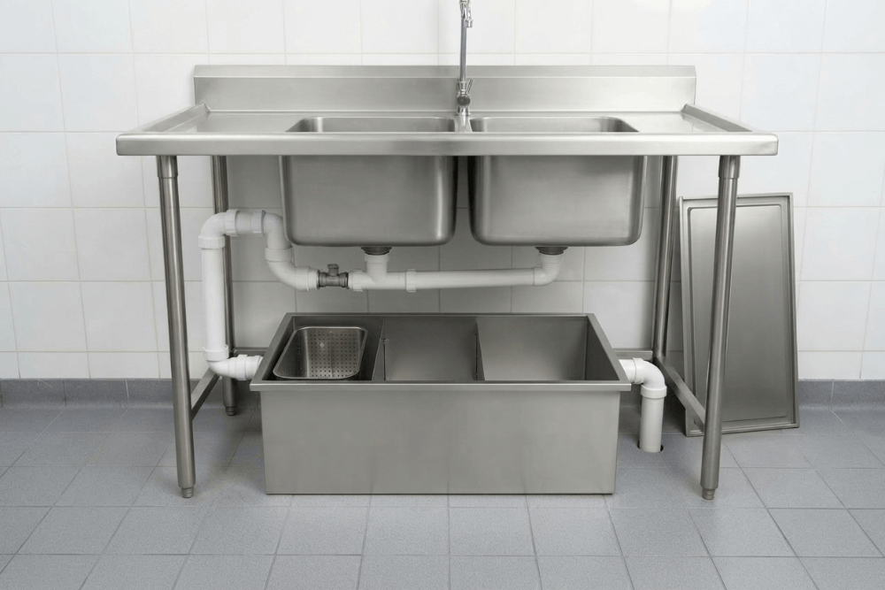A new stainless steel grease trap installed under a double-bowl commercial pot-wash sink in a Dubai restaurant kitchen, with its lid off to show the internal baffle plates and the removable strainer basket, the sink waste entering one end and the outlet pipe leaving the other end into the floor drain