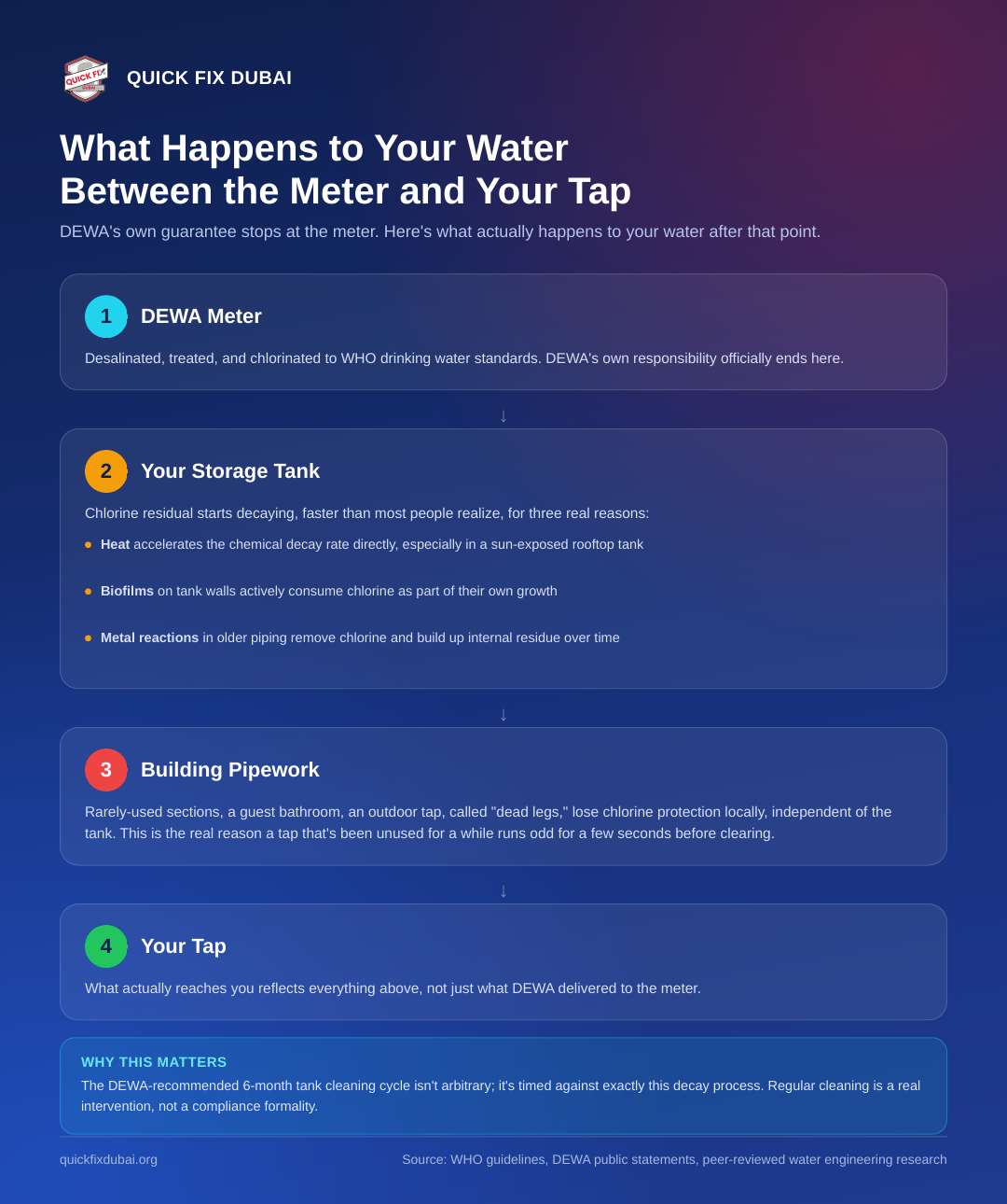 Infographic showing the four stages water passes through from the DEWA meter to a tap: the meter itself, storage tank chlorine decay, building pipework dead legs, and the tap