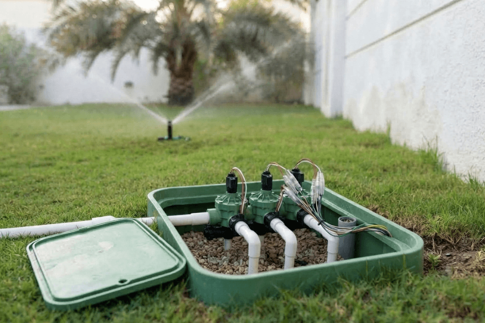 An open irrigation valve box in the lawn of a Dubai villa garden, showing three green solenoid zone valves on a white PVC manifold with their wiring and waterproof connectors, the box lid lying on the grass, and a pop-up sprinkler watering the lawn in front of a date palm and the villa's boundary wall