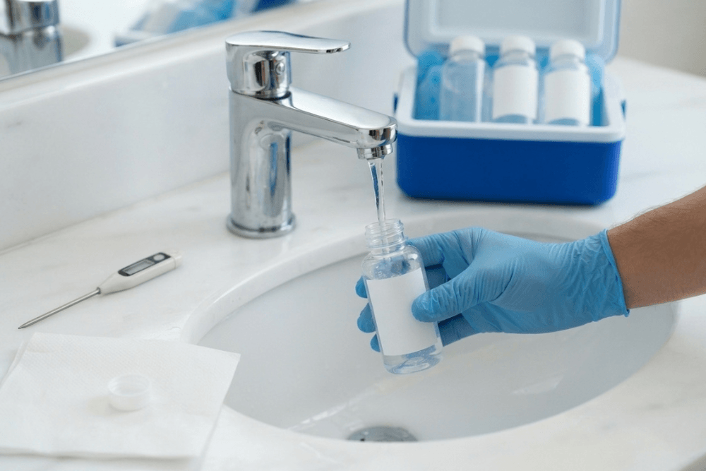 A blue nitrile-gloved hand collecting a water sample from a hotel bathroom basin tap into a sterile sample bottle for Legionella testing in Dubai, with sealed sample bottles kept cold in an insulated cooler box and a digital probe thermometer on the countertop for recording the water temperature at the outlet
