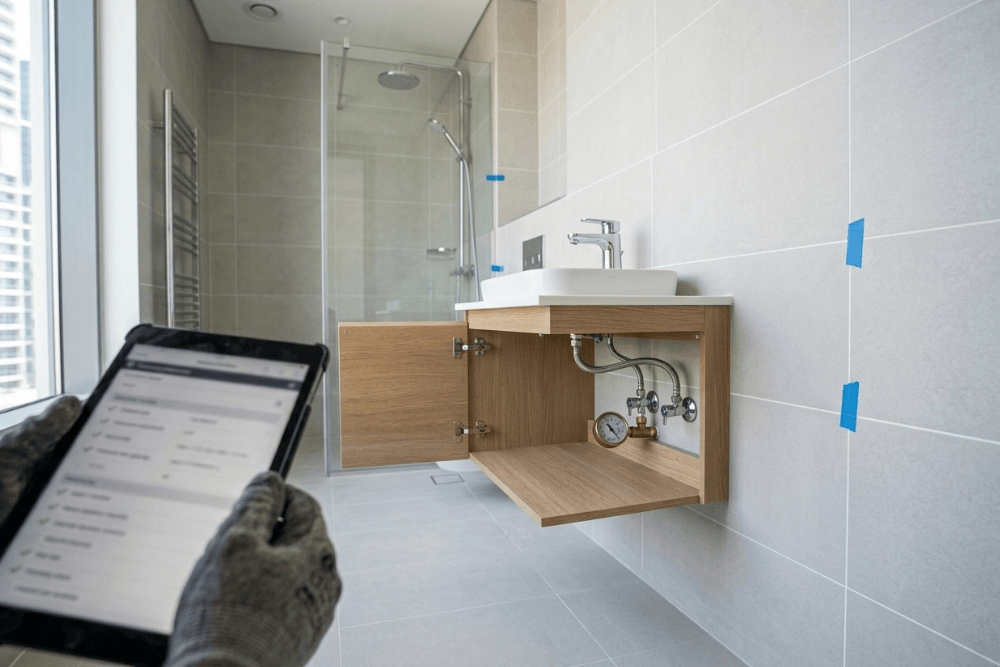 A plumbing snagging inspection in a newly handed-over Dubai apartment bathroom: an inspector's gloved hands hold a tablet with a defect checklist while the vanity cabinet stands open to show a pressure gauge fitted to the angle valve under the basin, and strips of blue tape mark defects on the wall tiles and the glass shower screen before handover