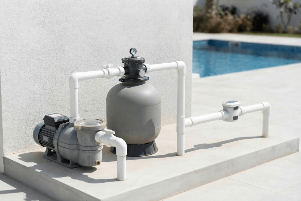 The pool equipment of a Dubai villa on a concrete slab beside the swimming pool: a pool pump with a clear strainer lid, a sand filter with its multiport valve and pressure gauge, and an inline salt chlorinator cell, connected by white PVC pipework that carries water from the pool through the equipment and back