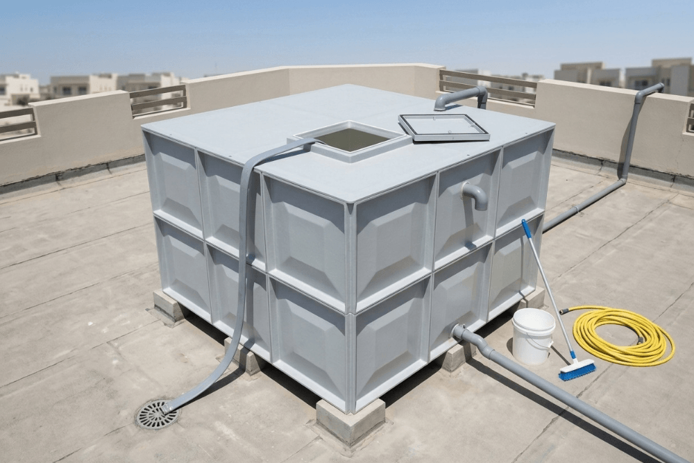 A rooftop GRP water tank on a Dubai villa opened through its top hatch and drained for cleaning, with a discharge hose running to the roof drain and a bucket and scrubbing brush beside it, since an uncleaned storage tank is the most common source of a rotten egg smell from both taps