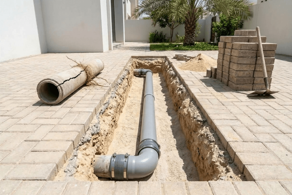 A villa sewer line repair in Dubai: a neat trench cut through the interlock paving exposes a new grey uPVC sewer pipe bedded on clean sand and joined into the existing line with rubber couplings, with the removed cracked concrete pipe and its tree roots lying beside the trench and the lifted paving blocks stacked ready to be relaid