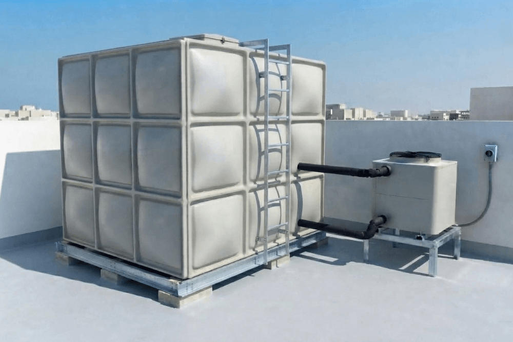 A large rooftop GRP sectional water tank on a galvanised steel skid base with a fixed access ladder, connected by two fully insulated pipes to a water tank chiller unit on a raised steel frame, with a dedicated electrical isolator on the parapet wall, installed on the roof of a Dubai villa to keep the cold water cool in summer