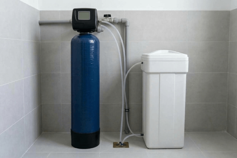 A whole-house water softener installed in a Dubai villa utility room: a tall blue resin tank with its control valve head on top, connected to the incoming and outgoing water pipes, standing beside a white brine tank for the salt, with clear tubes running to the brine tank and down to the floor drain