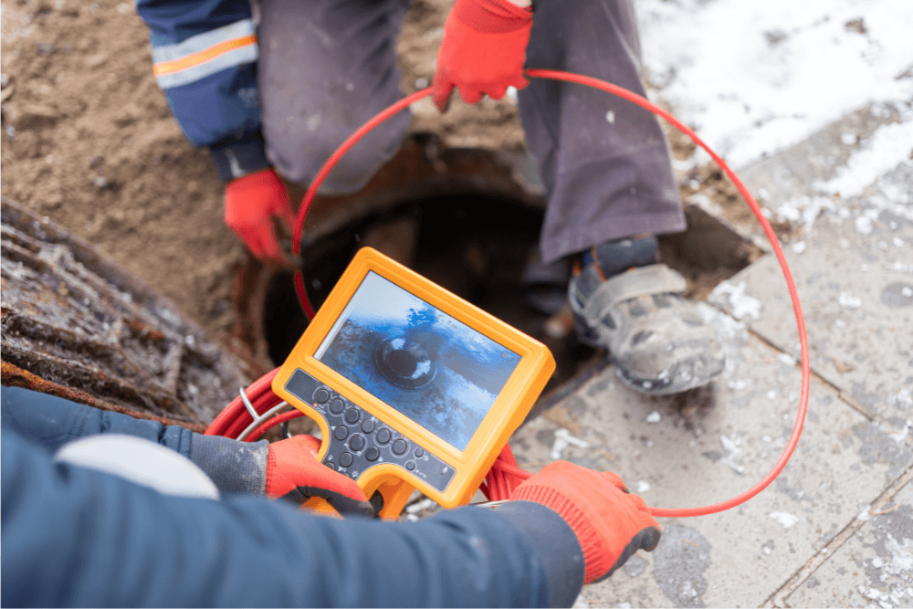Two plumbing technicians operating a handheld CCTV drain inspection camera monitor at an open manhole access point, viewing a live colour feed of the pipe interior on the yellow-cased screen before beginning hydro jetting work