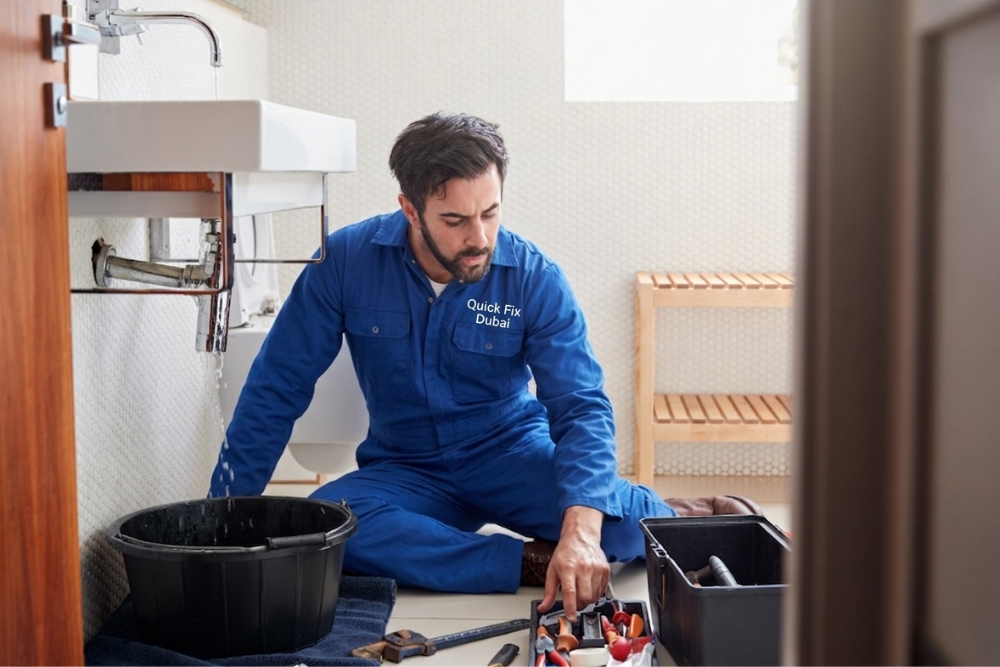 Licensed Quick Fix Dubai plumber kneeling on the floor of a residential bathroom in Dubai, repairing a leaking pipe beneath a sink while water drips into a black collection bucket, with a full toolbox and wrench open on a towel beside him, representing the hands-on emergency plumbing repair service available across Dubai