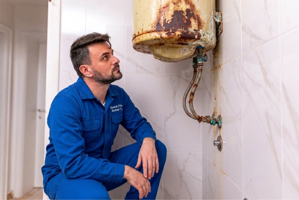 Old, leaking water heater in Al Barsha villa before replacement by Quick Fix Dubai