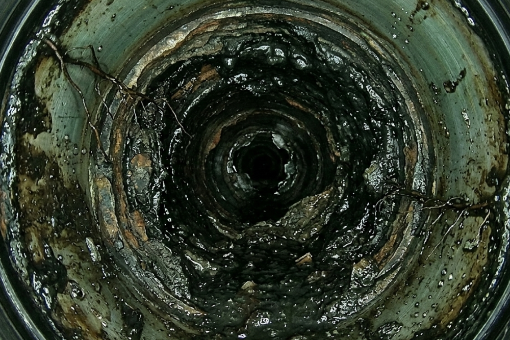 Severely blocked commercial sewer drain pipe in Business Bay office before hydro-jetting