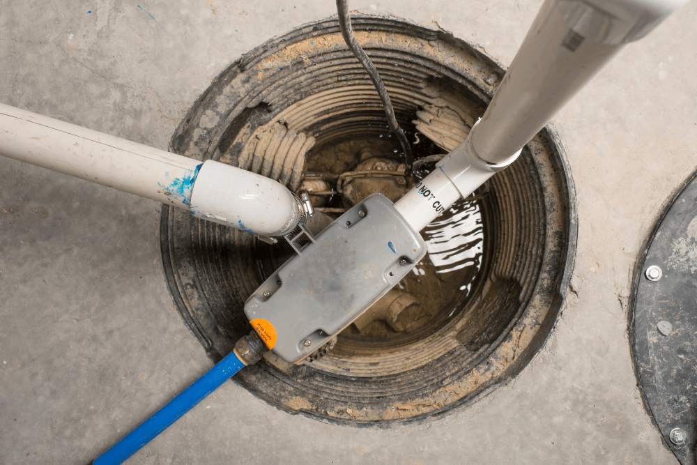 Close-up of a sump pump basin showing the submersible pump unit, discharge pipe fitting, and check valve assembly during a routine maintenance inspection, with standing water visible at the base of the pit